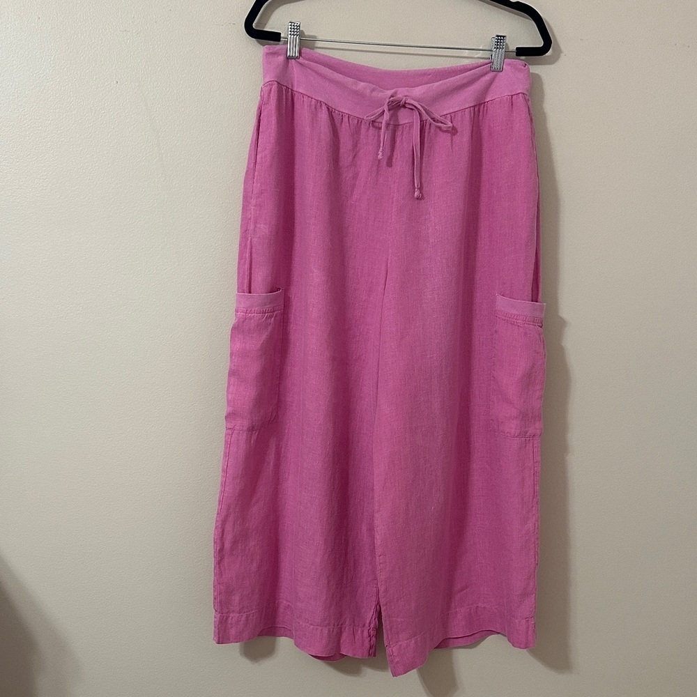 FLAX Designs Full Time Pant Linen Drawstring Pants Wide Leg Pink Sz Medium Beach